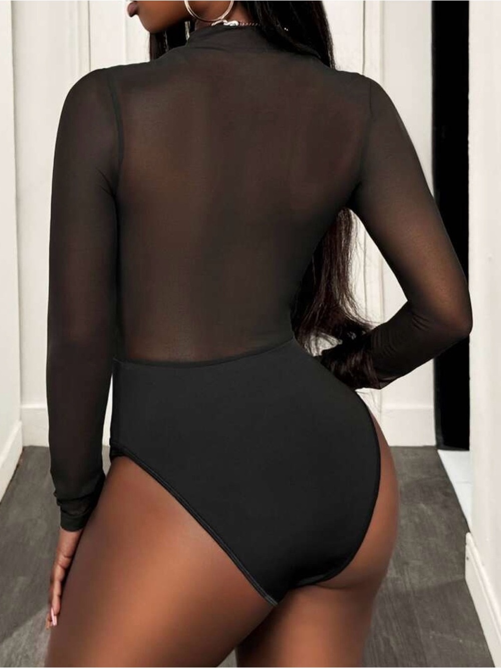 Black Sheer Mesh Long-Sleeve Bodysuit - Picture 3 of 6